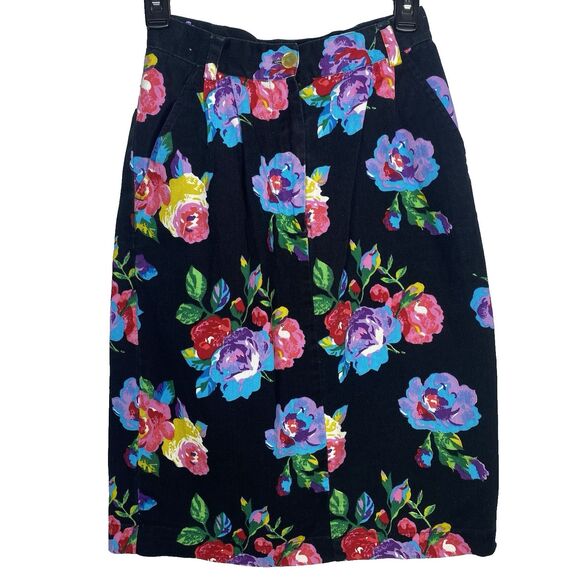 Vintage TANGIBLES Skirt Denim Floral Pleated Midi 1990s Womens 7 8 Black Bright - Picture 1 of 12